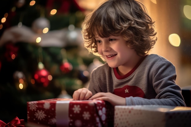 Niño decorando el árbol de Navidad en casa