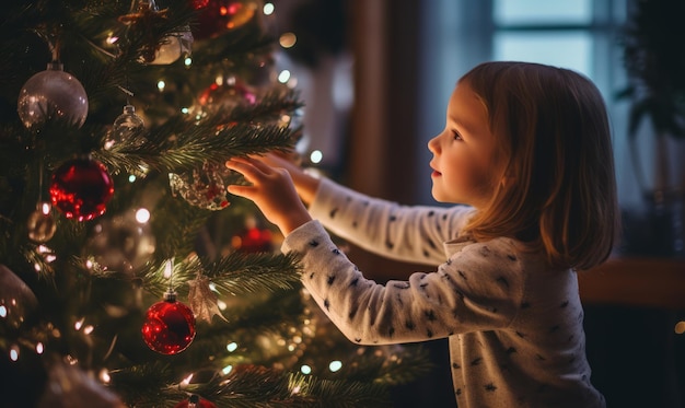 niño decorando el árbol de Navidad en casa