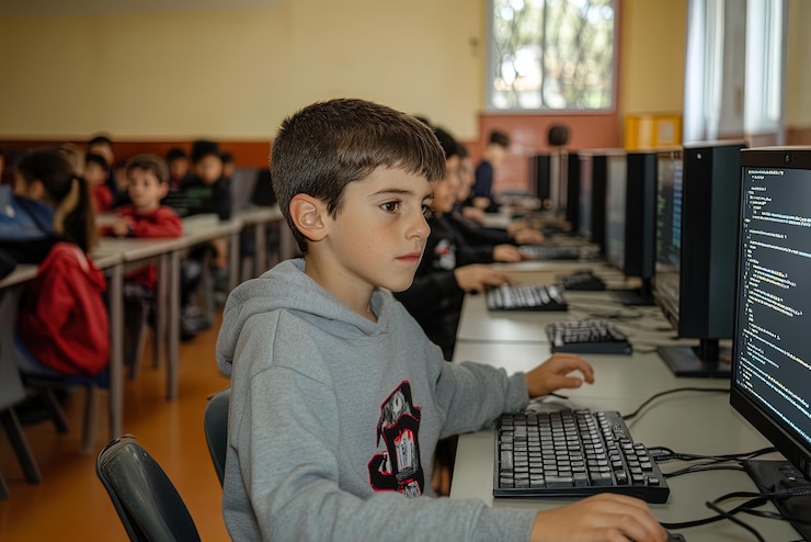 Foto un niño se dedica a la actividad de codificación en un aula llena de estudiantes durante una lección de tecnología