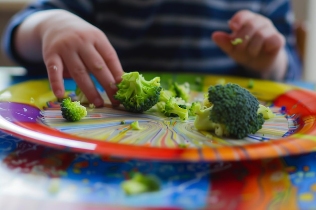 Niño dejando atrás brócoli sin comer en un plato de cena colorido