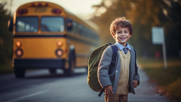 Foto un niño delante del autobús escolar