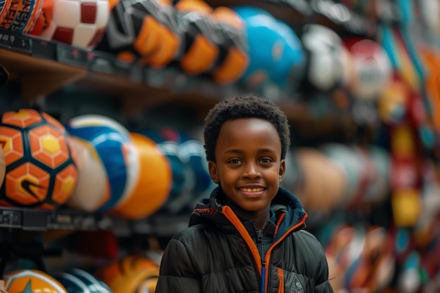 Niño delante de un estante de bolas de fútbol