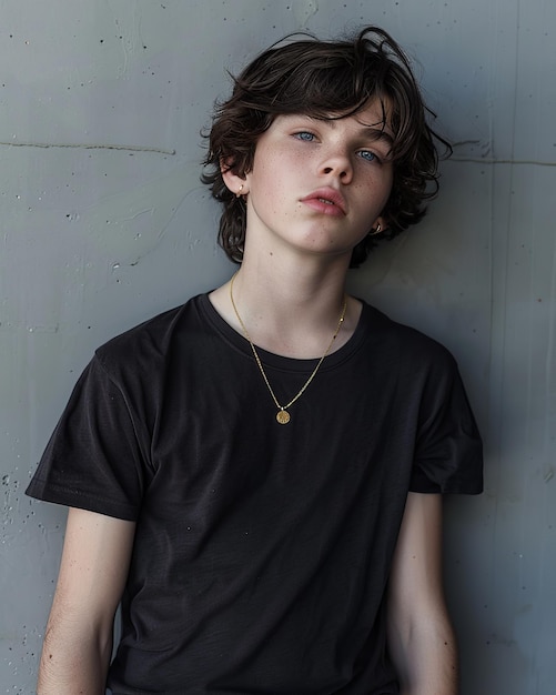 Foto un niño delgado con una camiseta negra y un collar de oro de pie contra un retrato de pared gris de un niño de 14 años