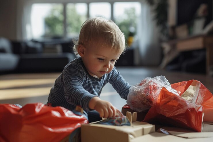 Niño desempaquetando regalos con alegría en una acogedora sala de estar durante las festividades navideñas IA generativa