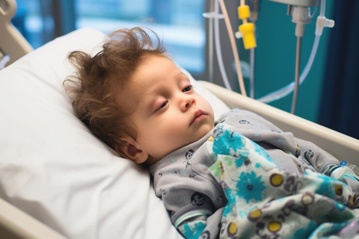 Niño desesperado tendido en una camilla de hospital enfermo Niño triste reclinado en la cuna del hospital