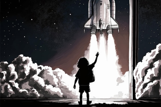Niño despidiéndose frente al lanzamiento de un cohete espacial Concepto de fantasía Pintura de ilustración IA generativa