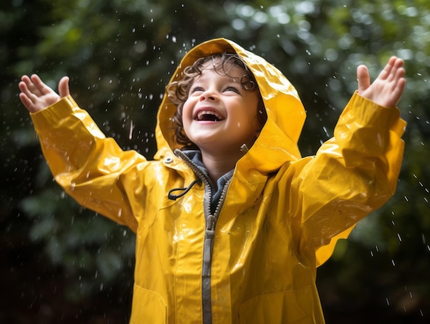 Un niño despreocupado baila alegremente bajo la refrescante lluvia