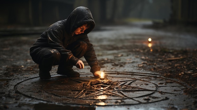 Un niño dibuja un pentagrama maligno un símbolo de un demonio en el suelo