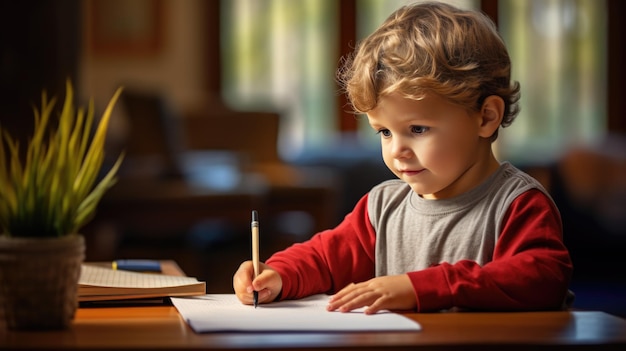 Un niño dibuja sentado en una mesa.