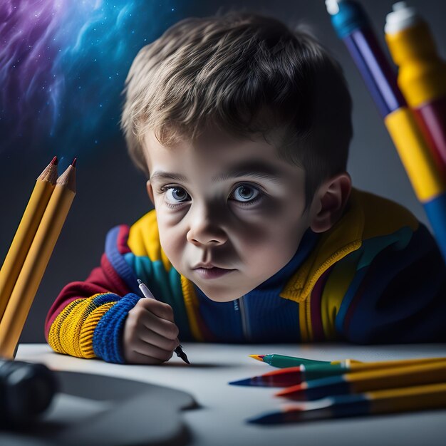 Foto un niño está dibujando con un bolígrafo y un fondo espacial.