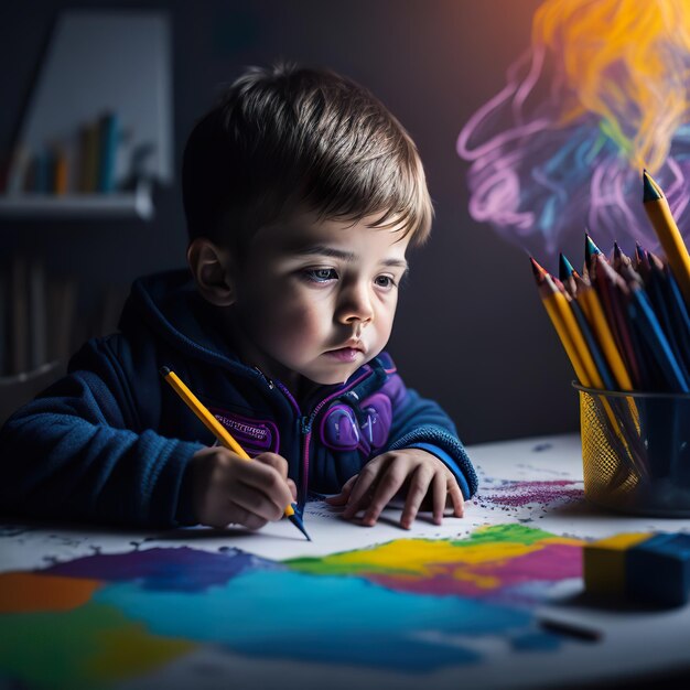 Foto un niño está dibujando con un lápiz y una taza de lápices de colores.