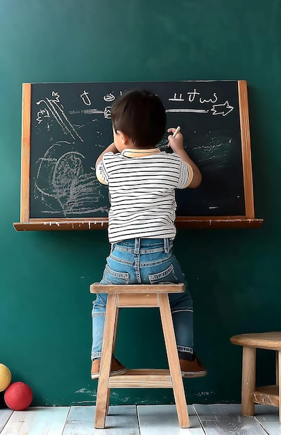 Foto un niño está dibujando en la pizarra sentado en una silla porque es pequeño