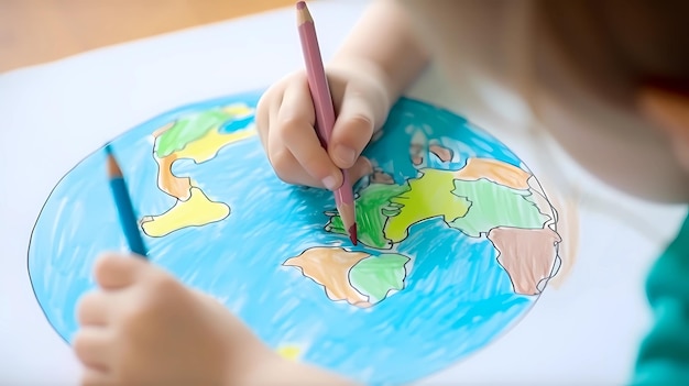 Niño dibujando el planeta tierra en el concepto de papel blanco del día de la tierra o la preservación del medio ambiente y el agua