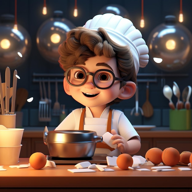 Niño de dibujos animados en 3D cocinando comida