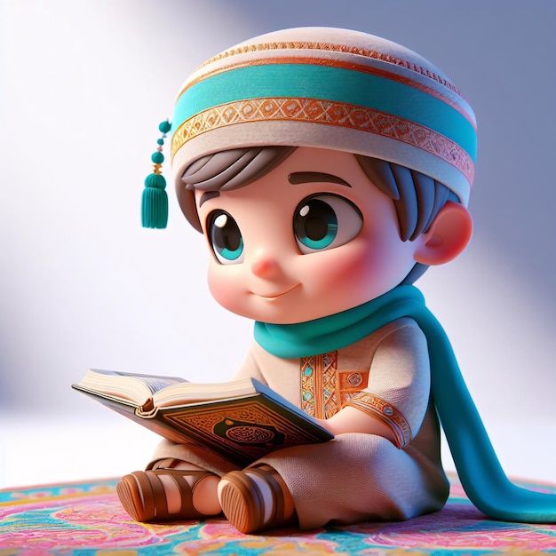 Un niño de dibujos animados en 3D encantado con trajes islámicos lee el Corán