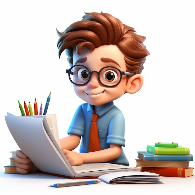 Niño de dibujos animados en 3D estudiando con gafas