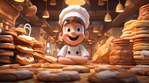 Foto un niño de dibujos animados en 3d con gorro de chef y delantal rodeado de galletas