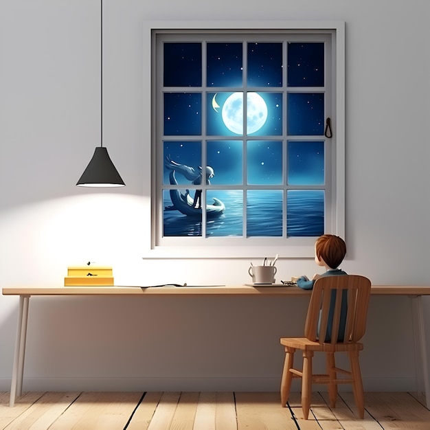 Niño de dibujos animados en 3D mirando la luna llena por la ventana