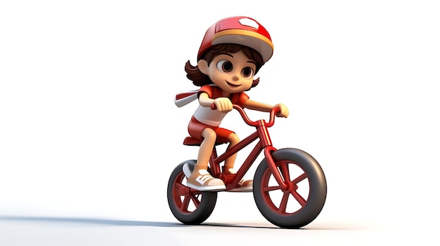 Niño de dibujos animados en 3D montando bicicleta sobre fondo blanco