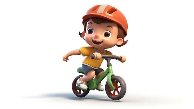 Niño de dibujos animados en 3D montando bicicleta sobre fondo blanco