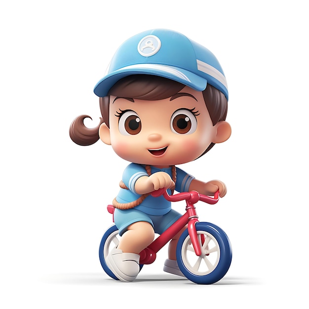 Niño de dibujos animados en 3D montando bicicleta sobre fondo blanco