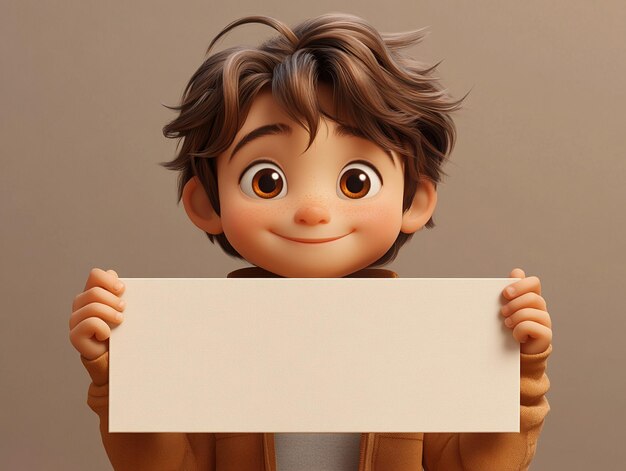 Niño de dibujos animados en 3D mostrando una pancarta en blanco