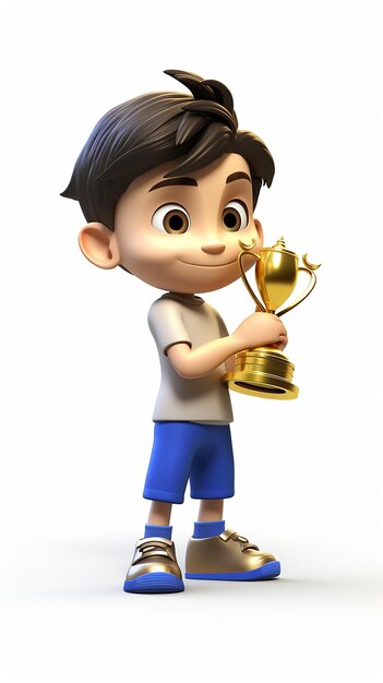 Niño de dibujos animados en 3D sosteniendo un trofeo de oro sobre un fondo blanco