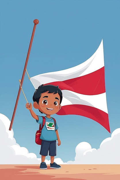 Niño de dibujos animados agitando una bandera de Indonesia