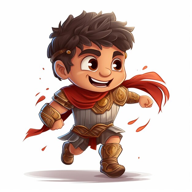Foto niño de dibujos animados en armadura corriendo con una capa roja generativa ai