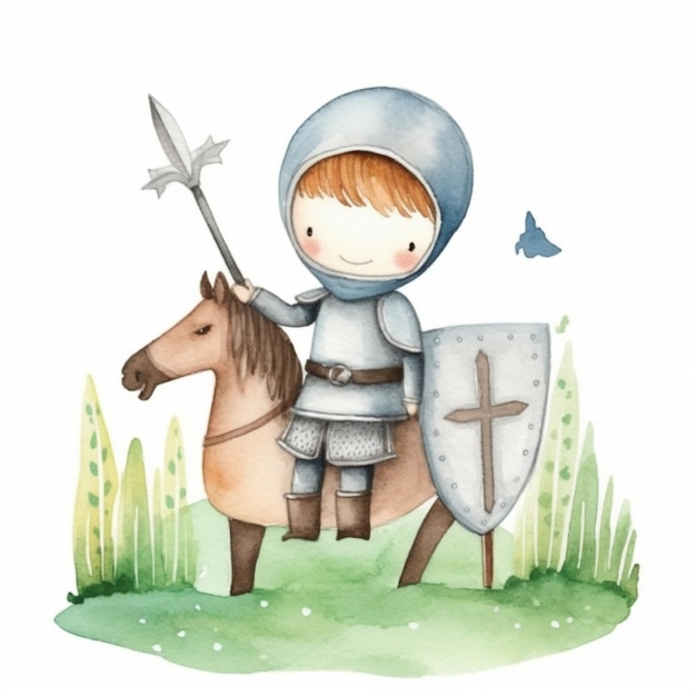 un niño de dibujos animados en armadura montando un caballo con una espada generativa ai