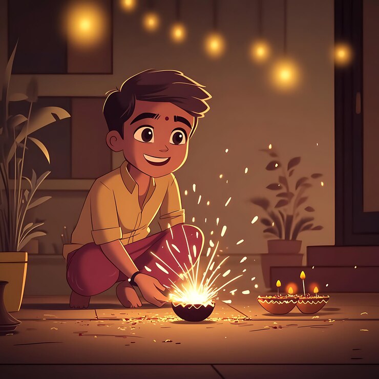 niño de dibujos animados arrodillado con una diya encendida y una vela encendida