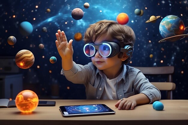 Foto un niño de dibujos animados con auriculares de realidad virtual utiliza el mundo real y el planeta de realidad virtual alrededor del bebéblue