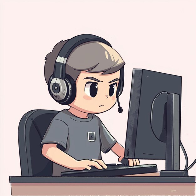 niño de dibujos animados con auriculares y usando una IA generativa de computadora