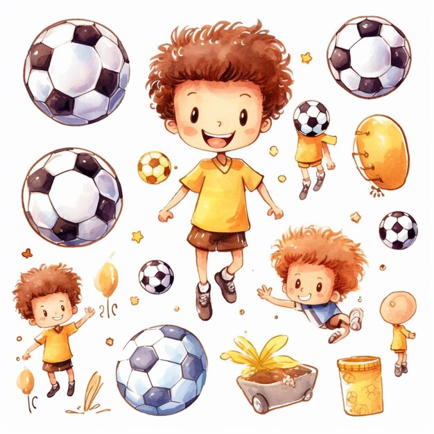 niño de dibujos animados con balones de fútbol y otros artículos generativos ai