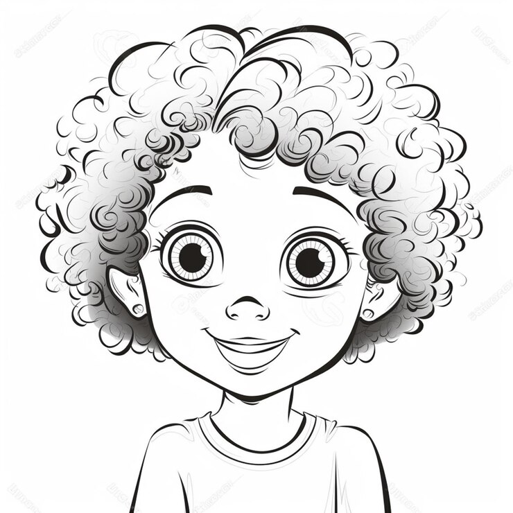 un niño de dibujos animados con cabello rizado y ojos grandes generativo ai