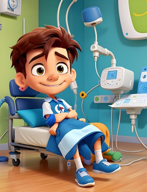 Niño de dibujos animados en la cama del hospital