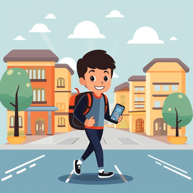 niño de dibujos animados caminando por la calle con una mochila y un teléfono celular generativo AI