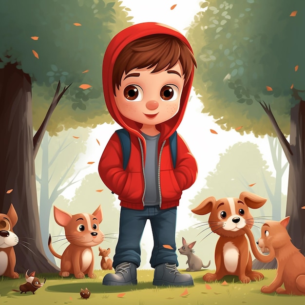 niño de dibujos animados con capucha roja parado frente a un grupo de animales ai generativo