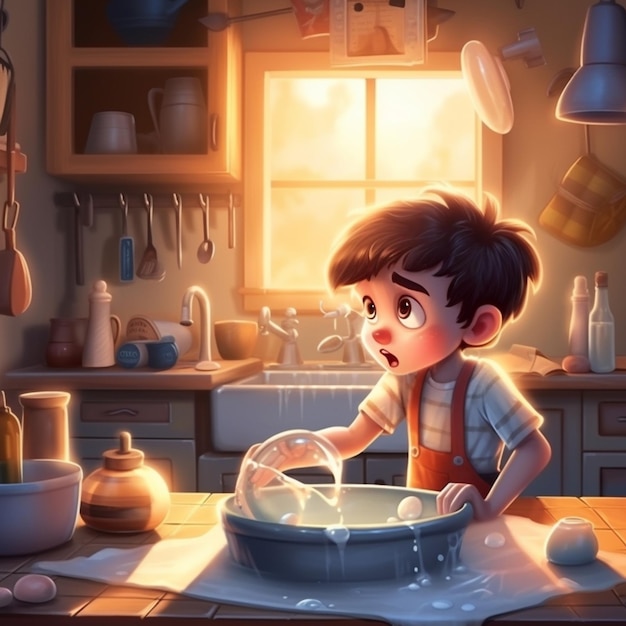 niño de dibujos animados en la cocina con un cuenco de comida y utensilios generativos ai