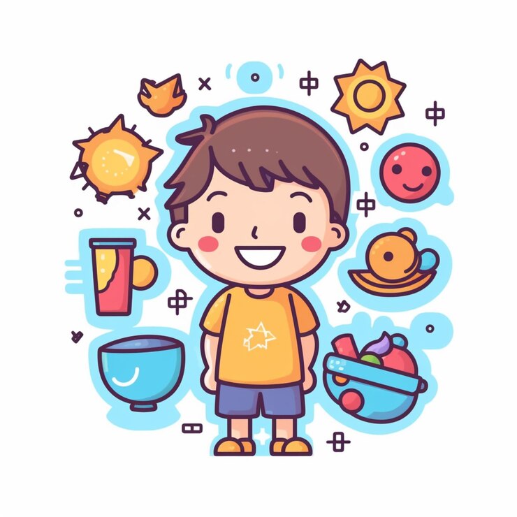 Foto niño de dibujos animados con comida y bebidas a su alrededor generativo ai