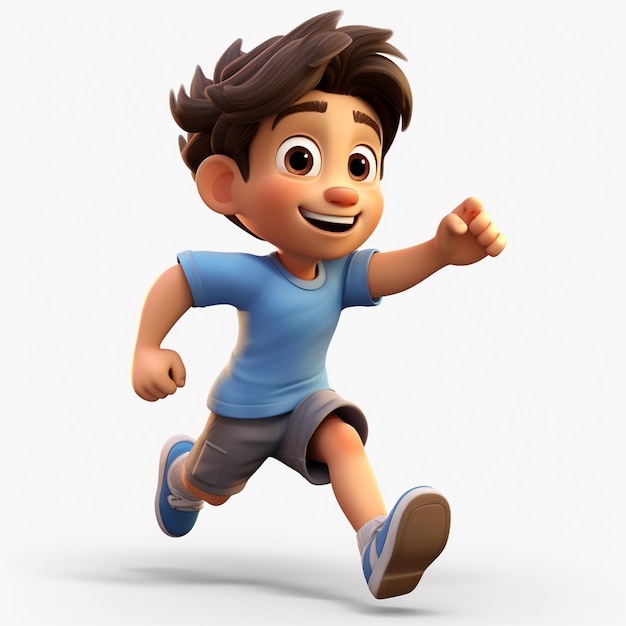 niño de dibujos animados corriendo con una camisa azul y pantalones cortos grises generativo ai
