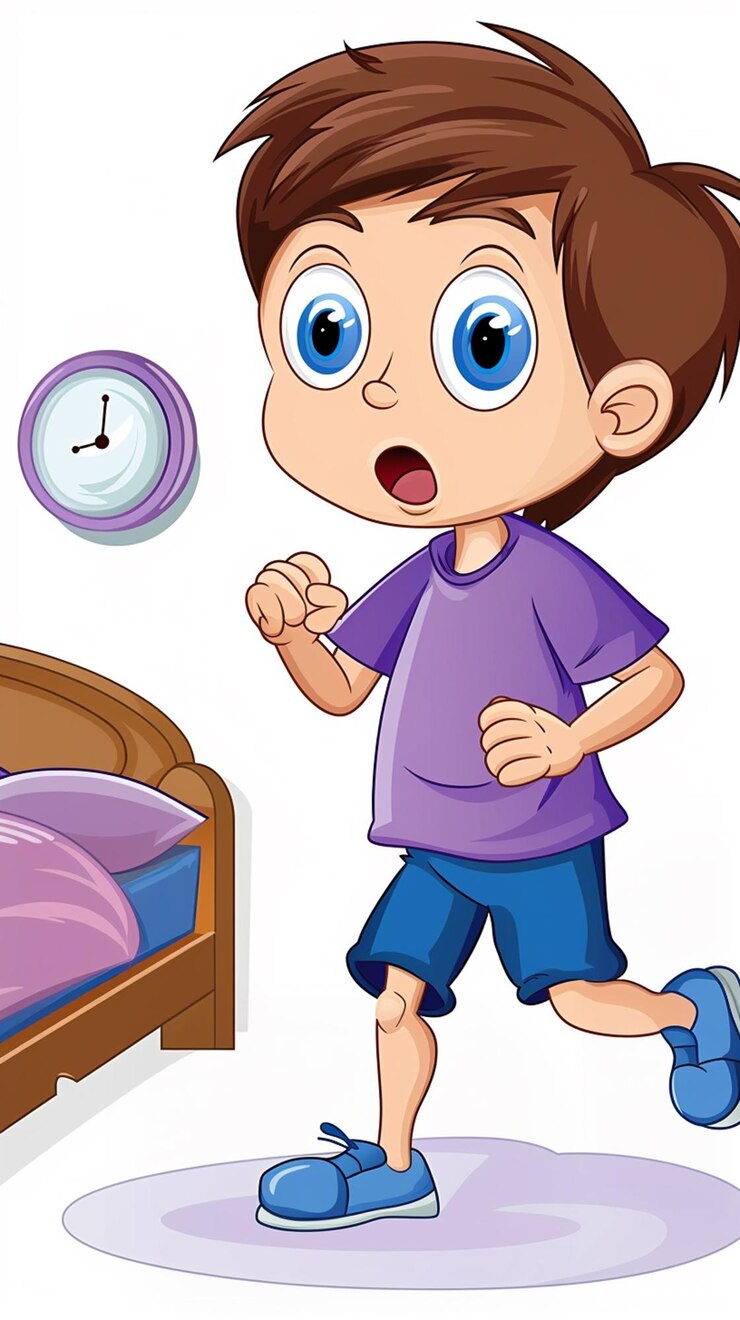 Foto niño de dibujos animados corriendo delante de una cama con un reloj generativo ai