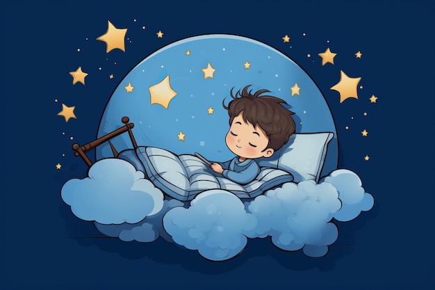 niño de dibujos animados durmiendo en la cama con estrellas y nubes