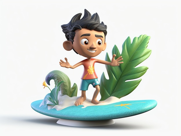 Un niño de dibujos animados se encuentra en una tabla de surf con una hoja tropical.