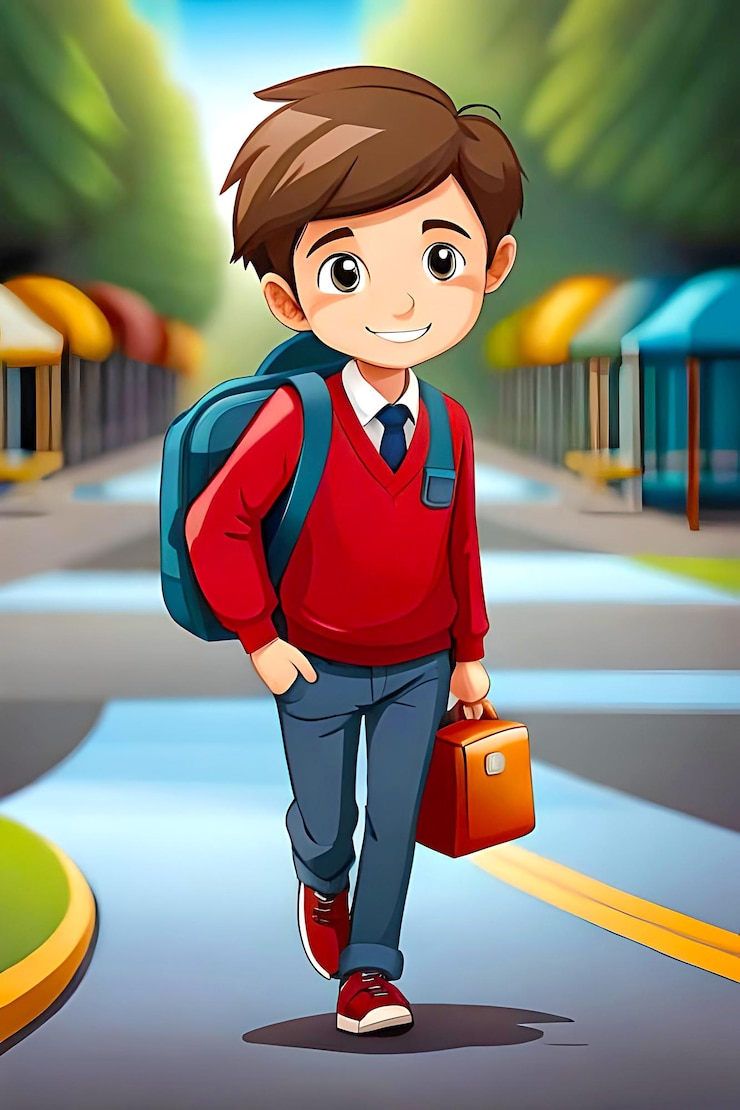 Niño de dibujos animados va a la escuela con una bolsa en el hombro