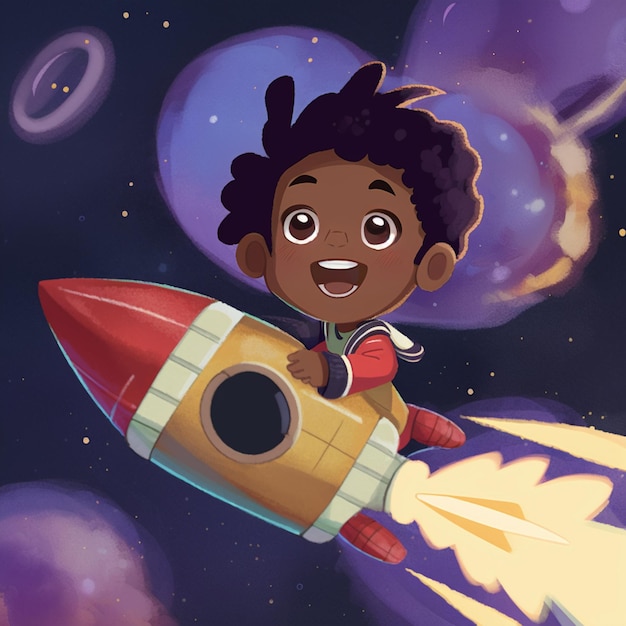 niño de dibujos animados en el espacio con cohetes y planetas en el fondo generativo ai