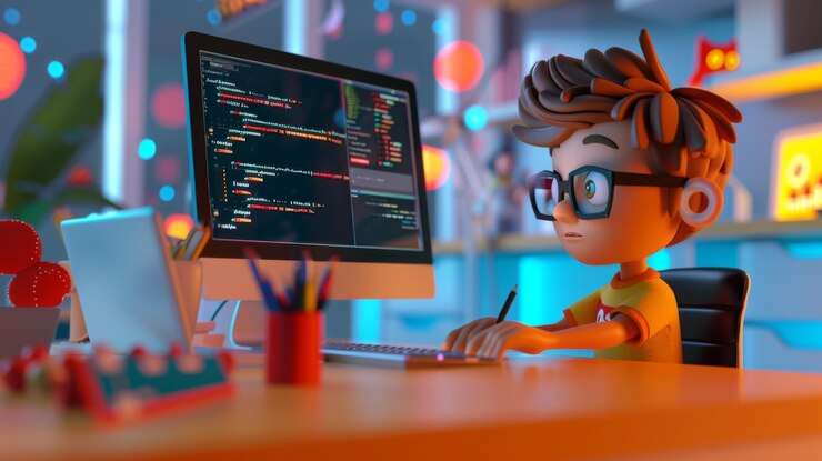 Foto un niño de dibujos animados está codificando en su computadora en una habitación colorida lleva gafas y auriculares y parece centrado en su trabajo