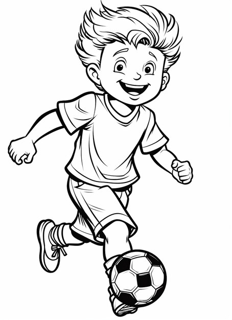 Un niño de dibujos animados está jugando al fútbol con una pelota.