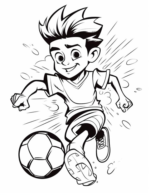 Un niño de dibujos animados está jugando al fútbol con una pelota.