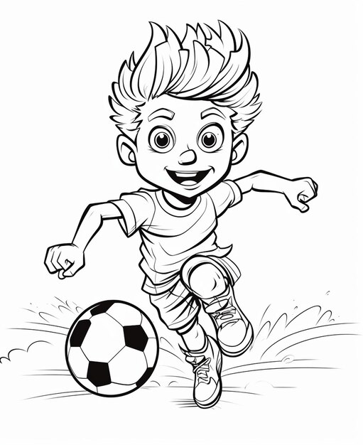 Un niño de dibujos animados está jugando al fútbol con una pelota.